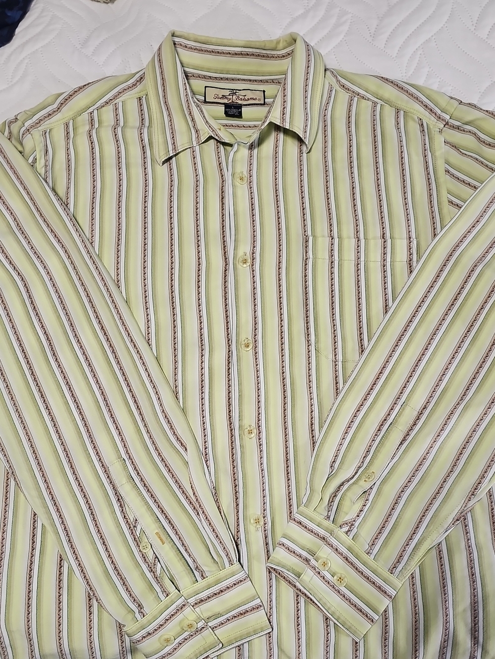 Tommy Bahama Light Green and Brown Striped Button-Down Shirt